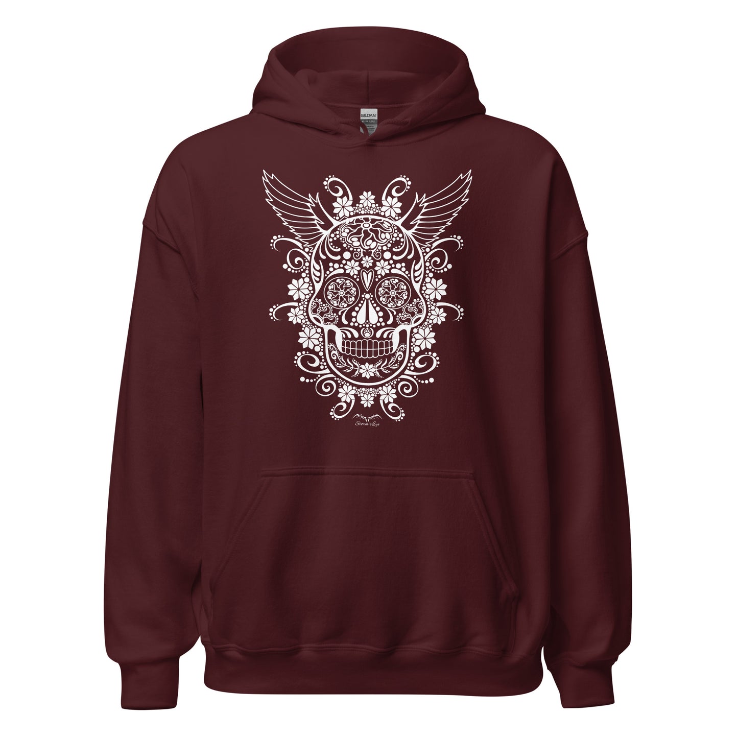 stormseye design gothic sugar skull hoodie flat view maroon