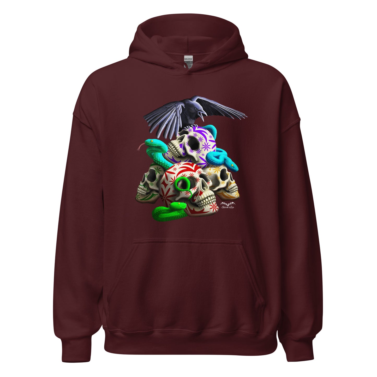 stormseye design gothic skulls & snakes hoodie flat view maroon