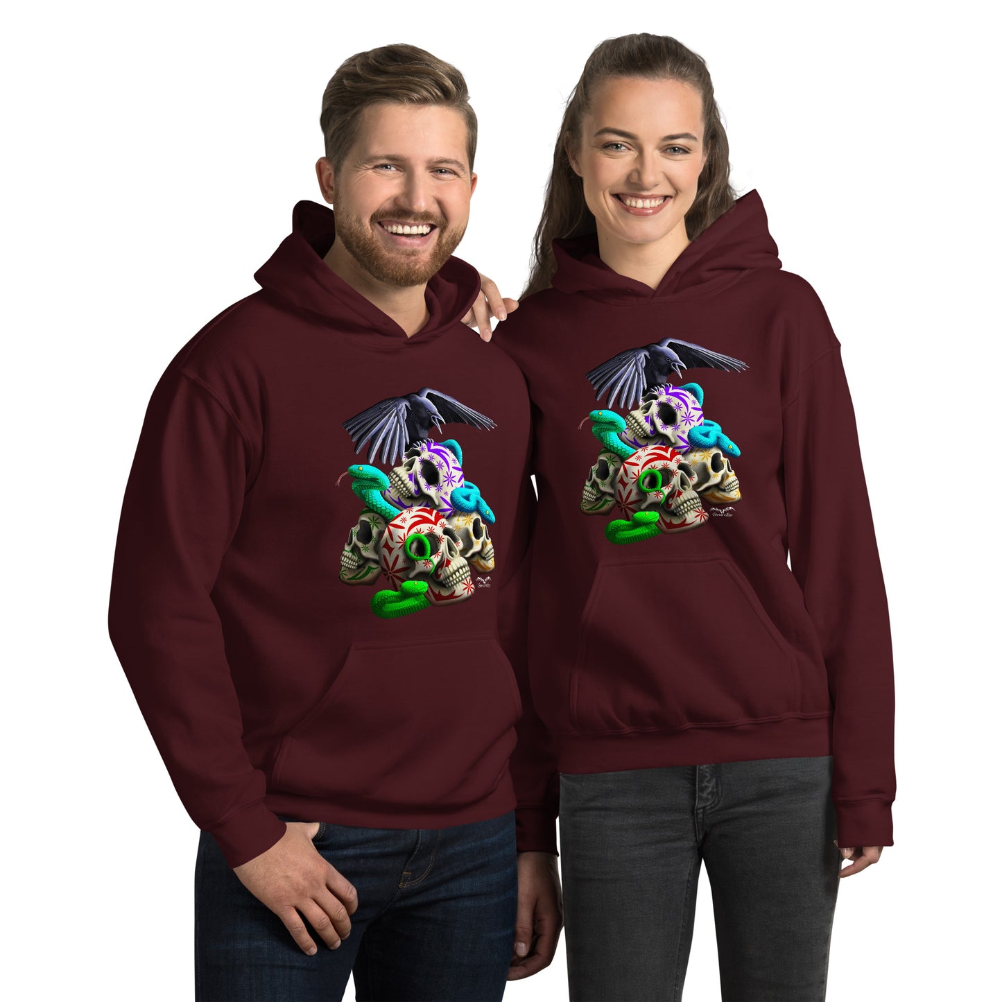 stormseye design gothic skulls & snakes hoodie modelled view maroon