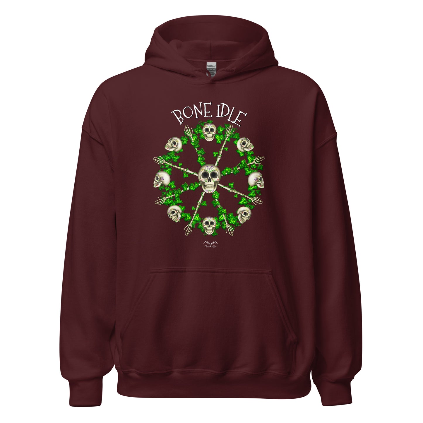 stormseye design bone idle skulls hoodie flat view maroon