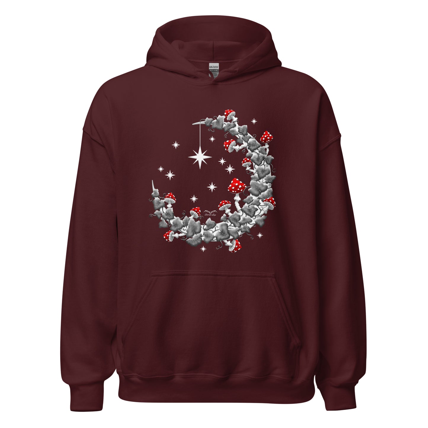 stormseye design mushroom moon hoodie flat view maroon