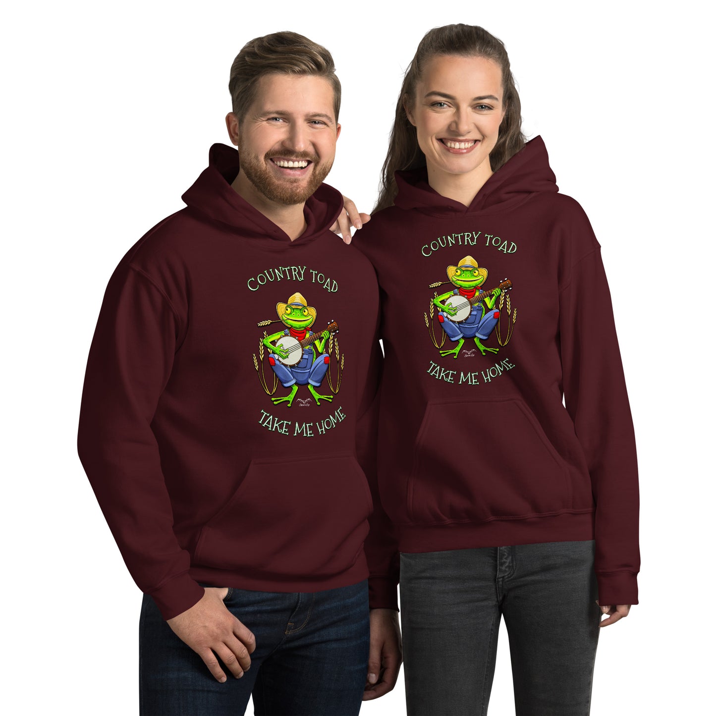 stormseye design country toad hoodie modelled view maroon