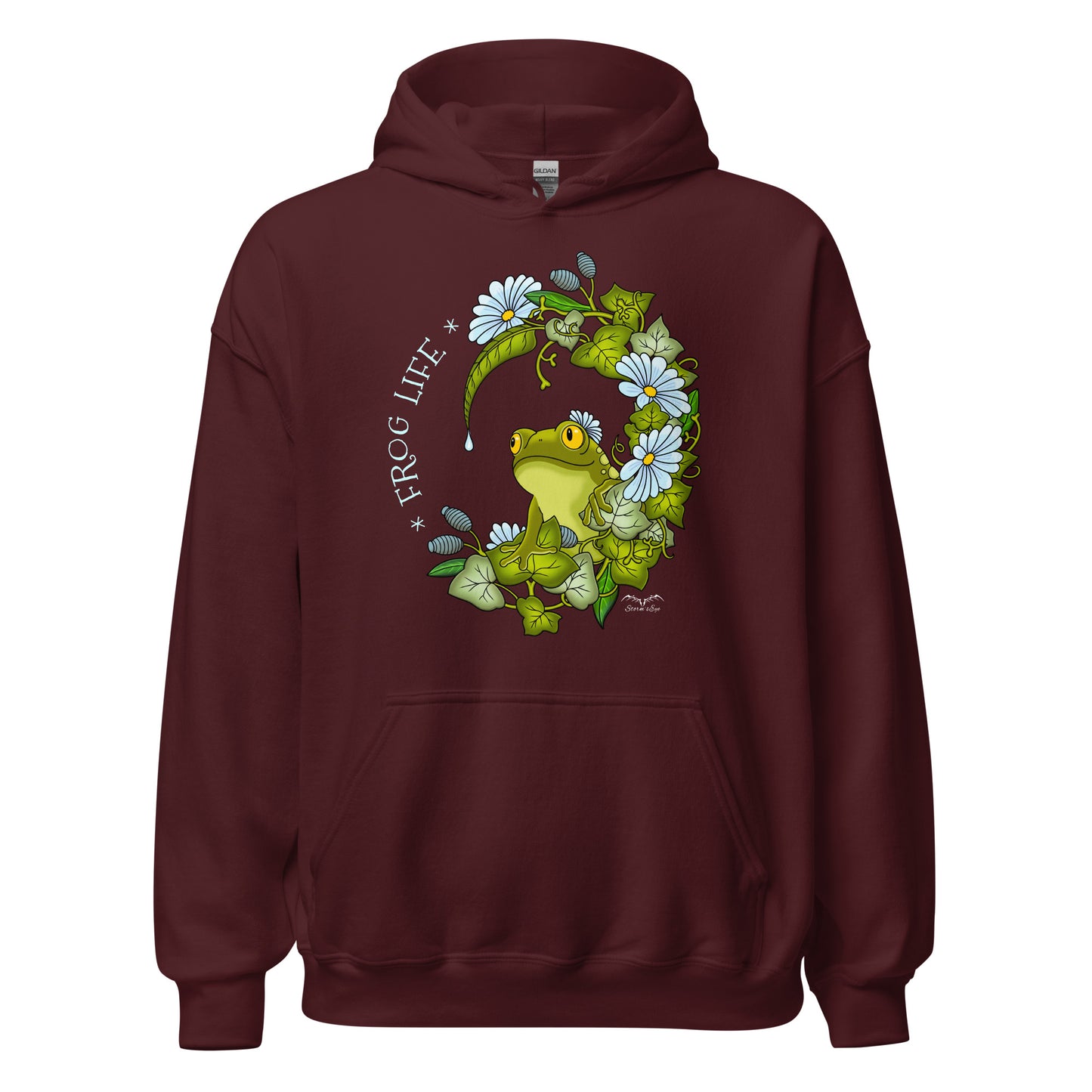 stormseye design frog life hoodie flat view maroon