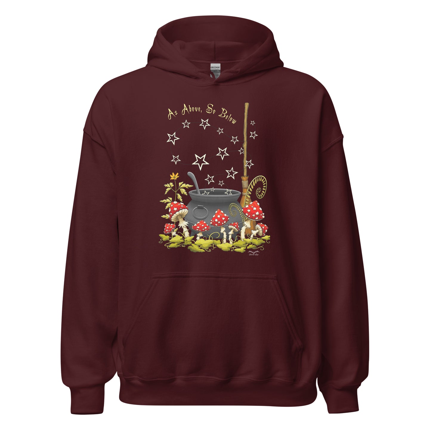 stormseye design witchy mushrooms hoodie, flat view, maroon