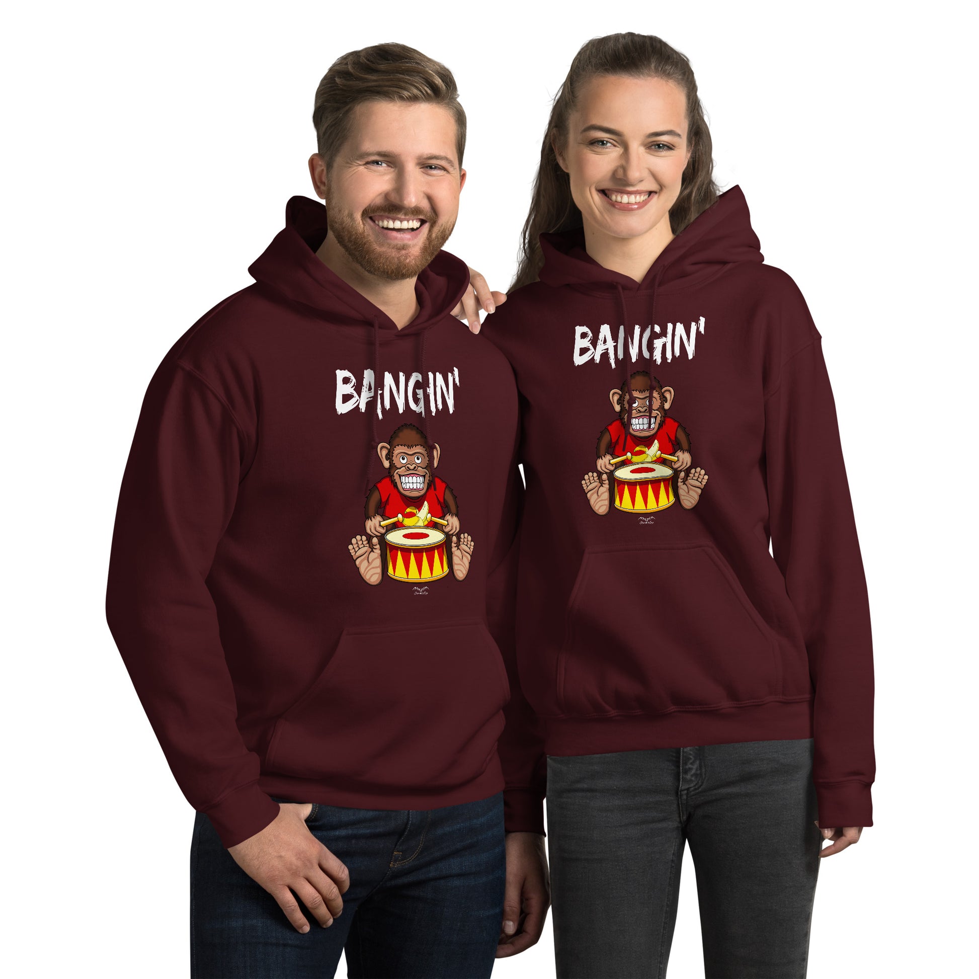 Bangin drummer monkey hoodie by Stormseye Design, wine red modelled view