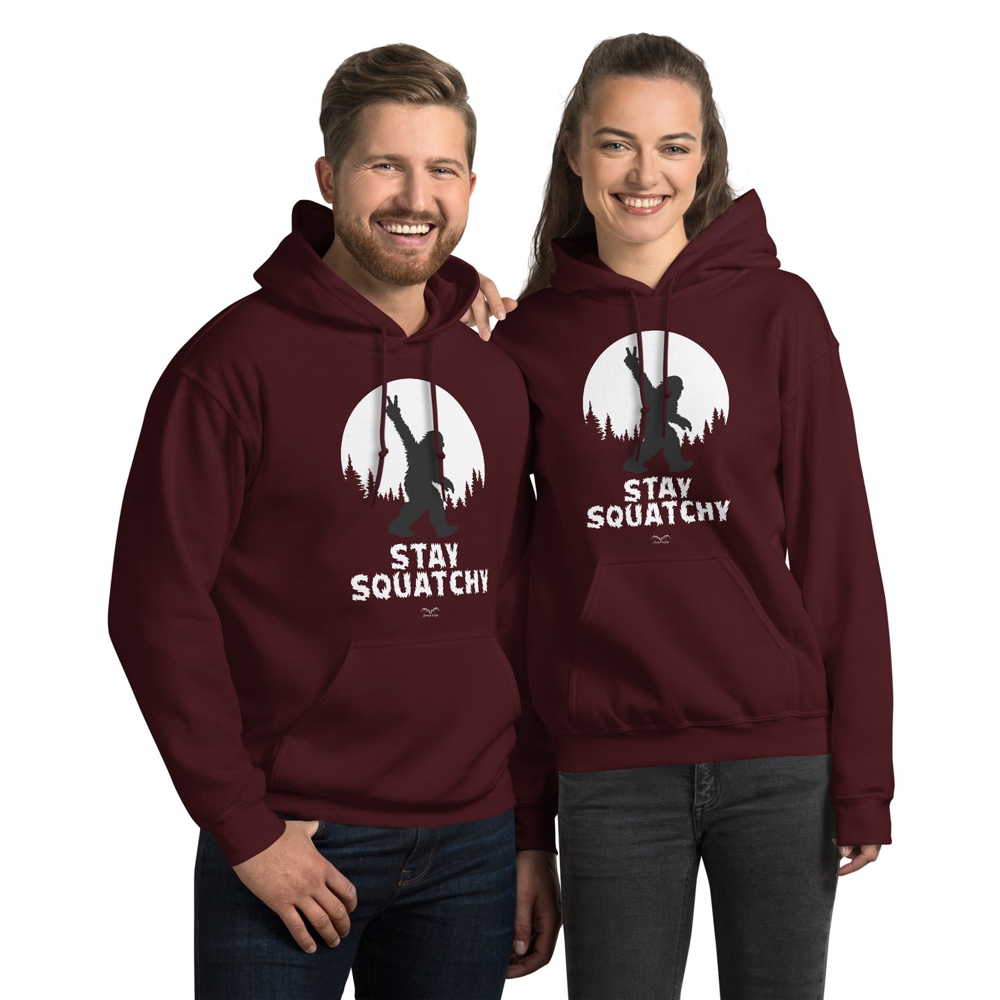 sasquatch bigfoot hoodie by stormseye design, wine red, modelled view