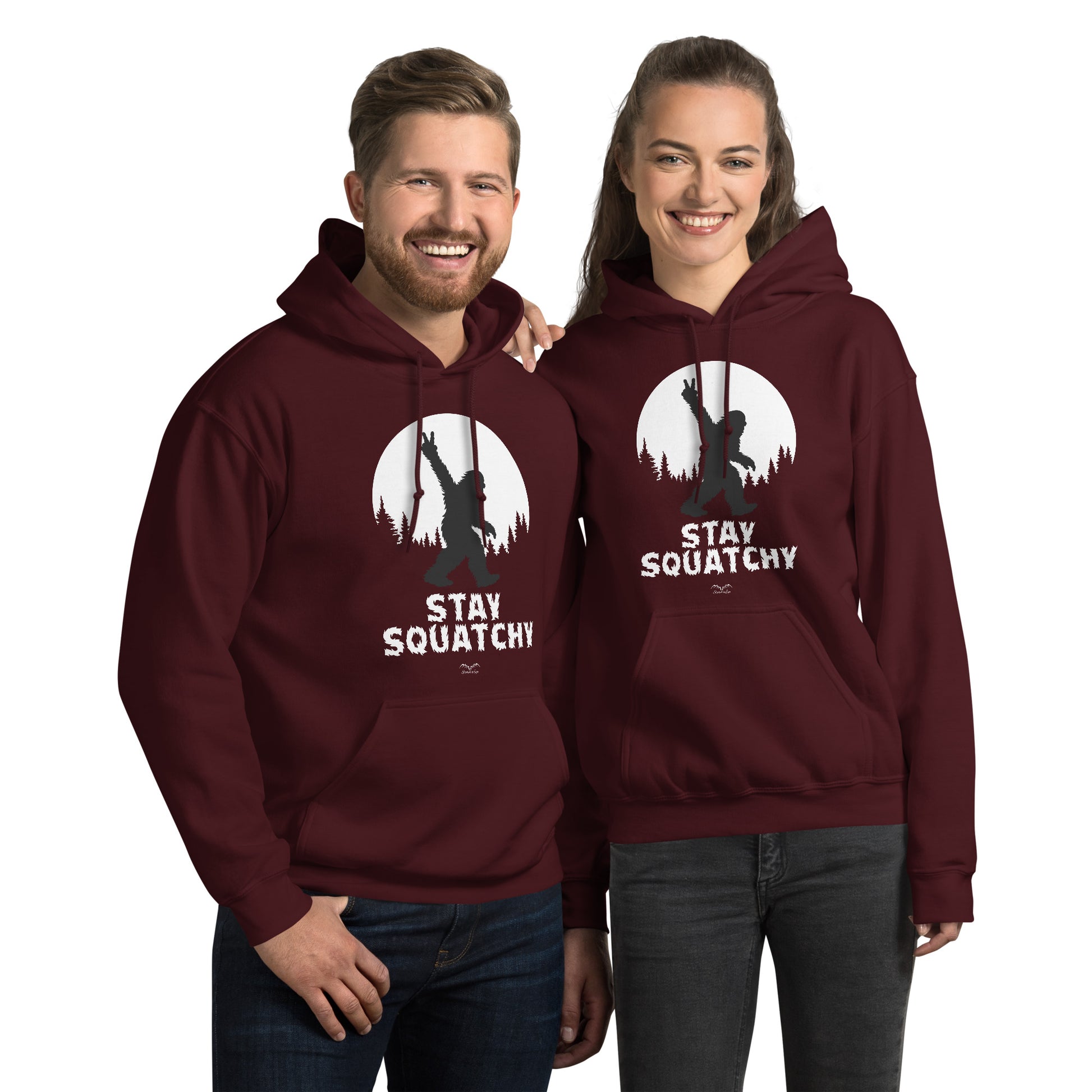 sasquatch bigfoot hoodie by stormseye design, wine red, modelled view