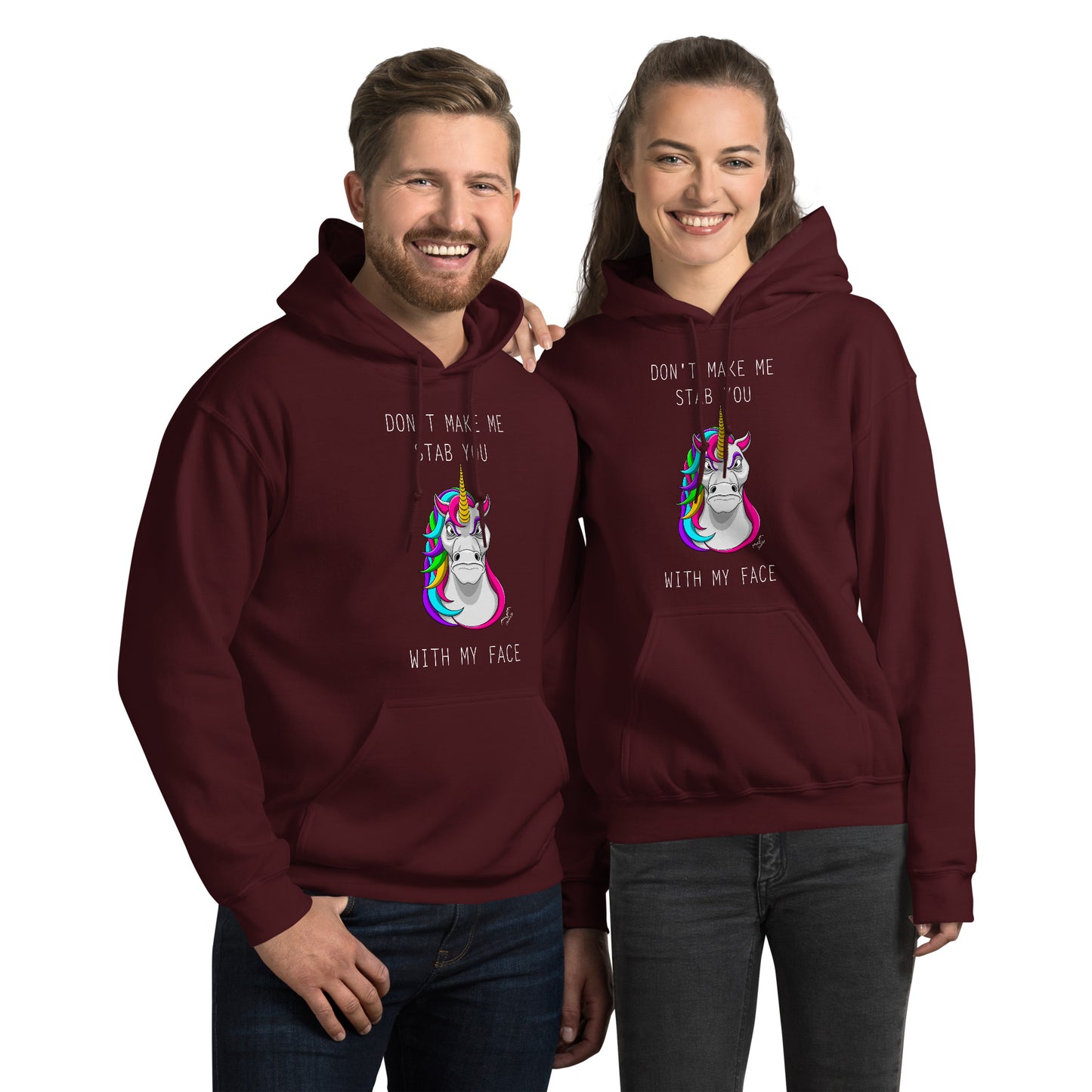 funny stabby unicorn hoodie by stormseye design, wine red, modelled view