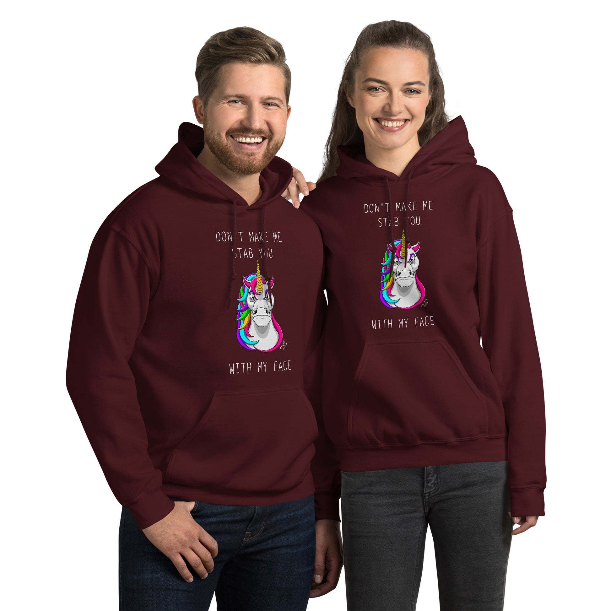 funny stabby unicorn hoodie by stormseye design, wine red, modelled view