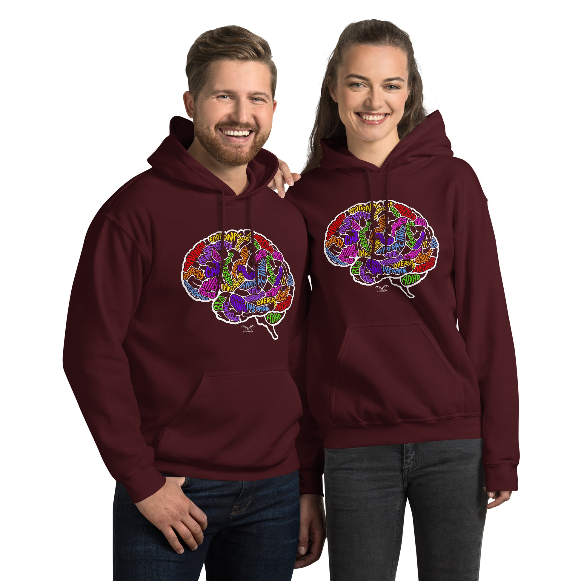 ADHD brain symptoms Hoodie by Stormseye Design wine red, modelled view
