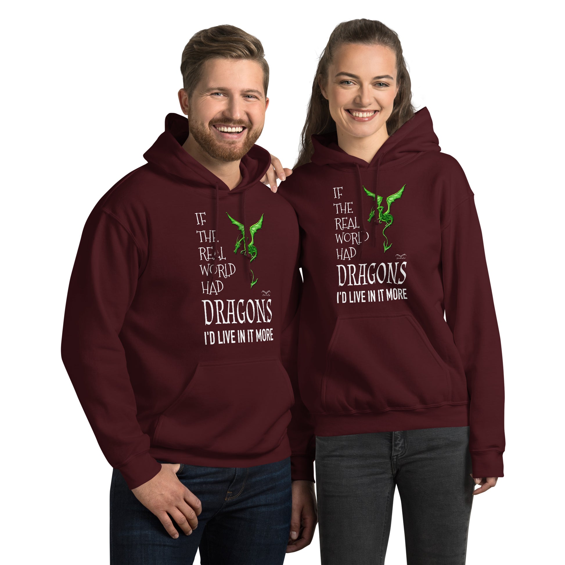 real world dragons hoodie by stormseye design, wine red, modelled view