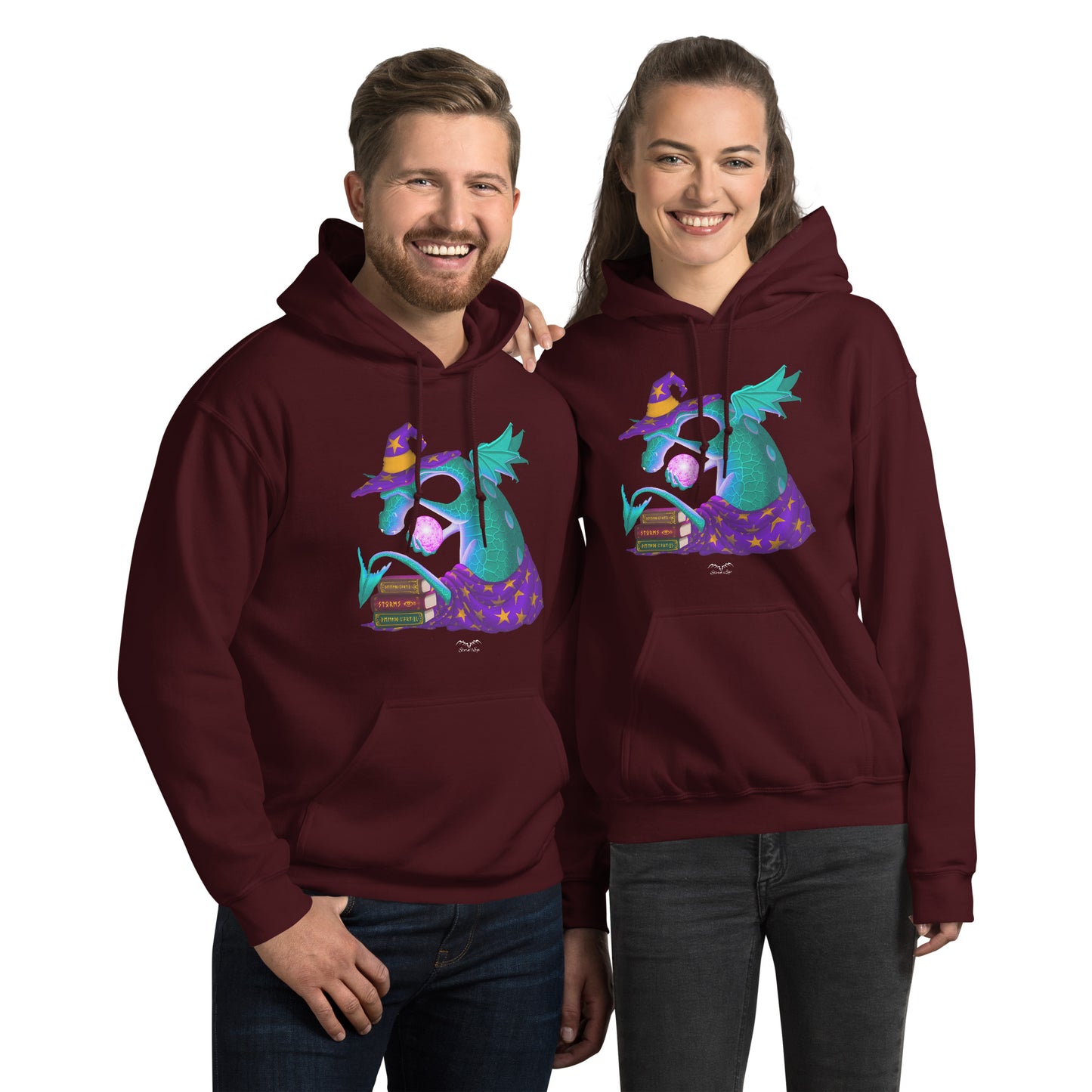 wizard dragon hoodie by stormseye design, wine red, modelled view