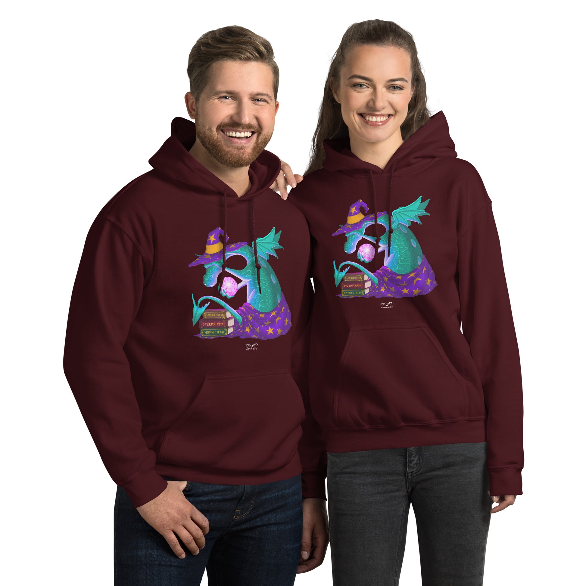 wizard dragon hoodie by stormseye design, wine red, modelled view