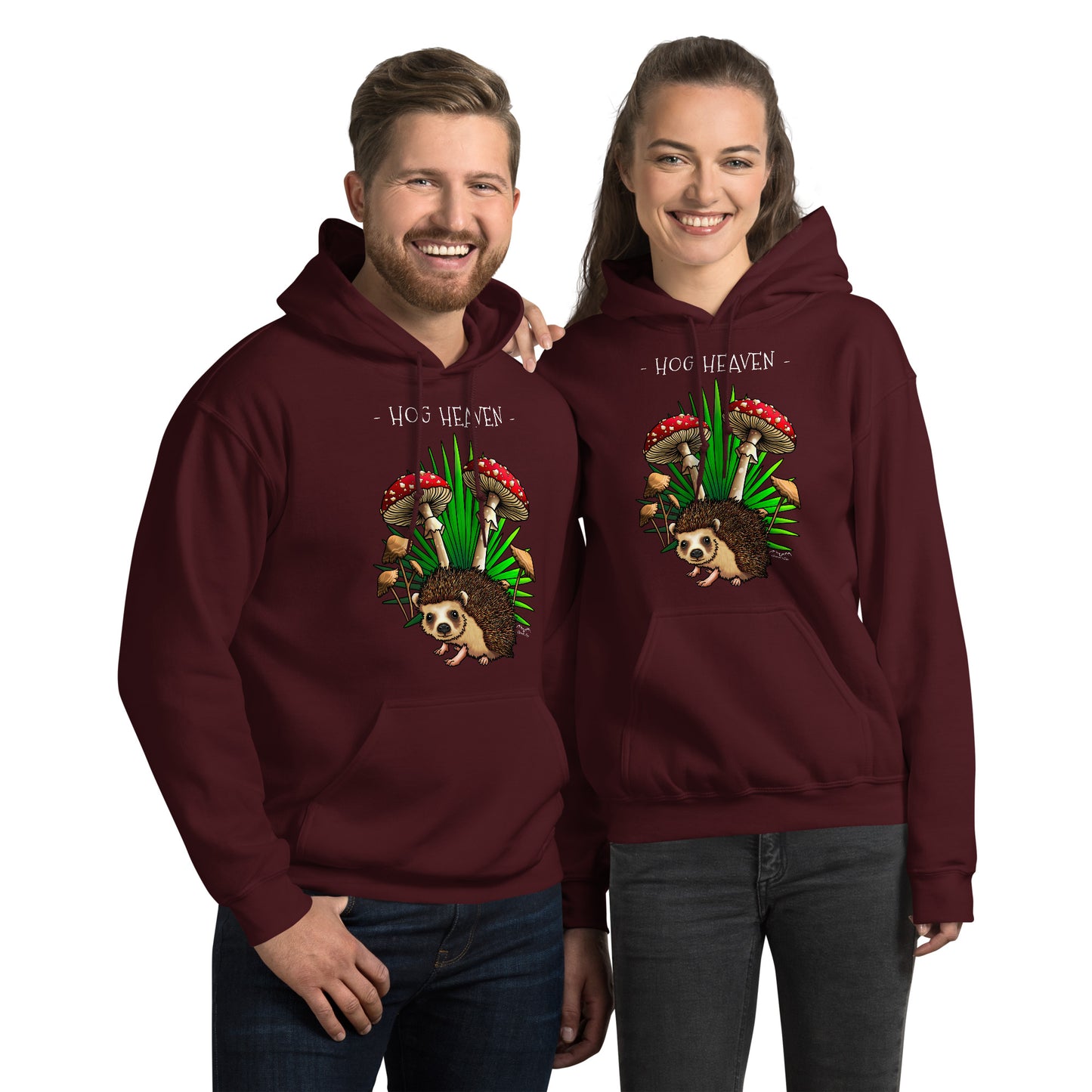 hog heaven hedgehog mushrooms hoodie by stormseye, wine red, modelled view