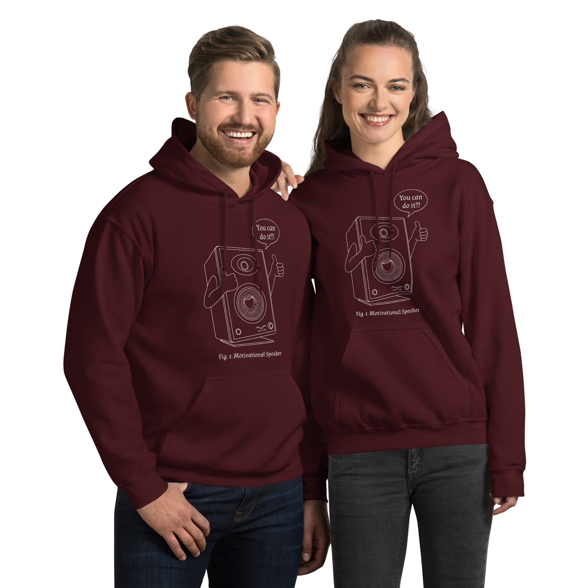 funny motivational speaker hoodie by Stormseye Design, wine red, modelled view