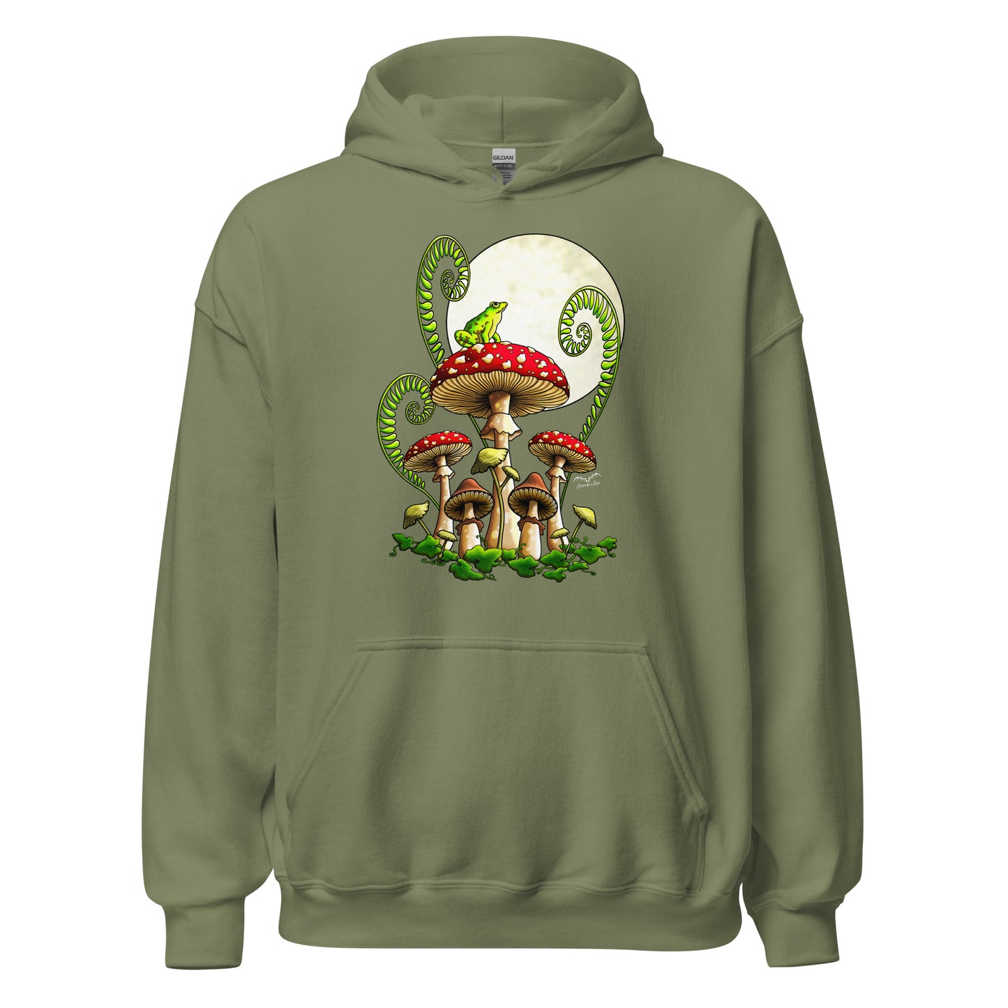 stormseye design moonlight mushrooms frog hoodie flat view army green