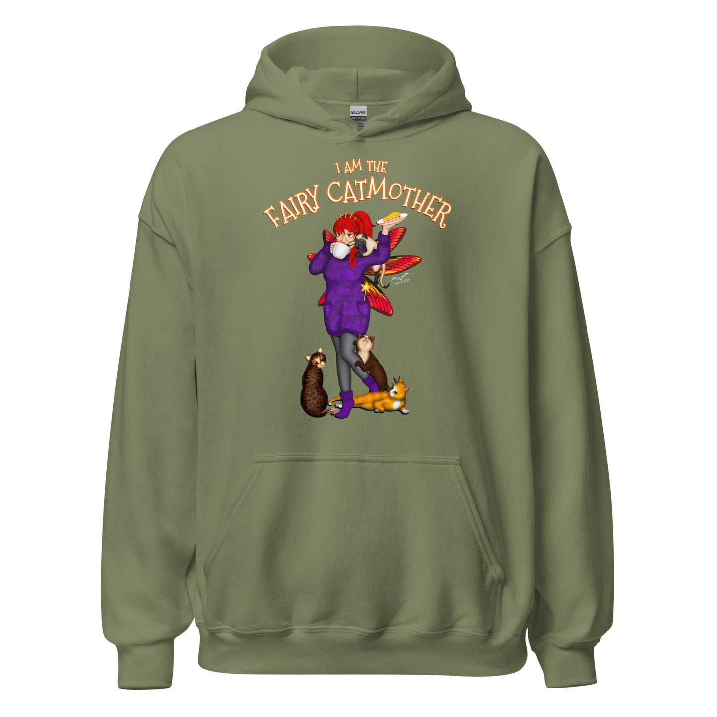 fairy cat mother hoodie for mum, army green, by stormseye design