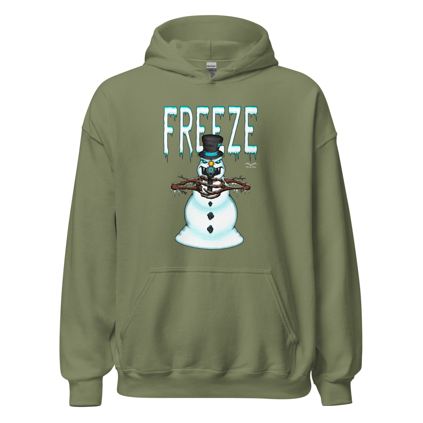 stormseye design mr freeze christmas hoodie flat view army green