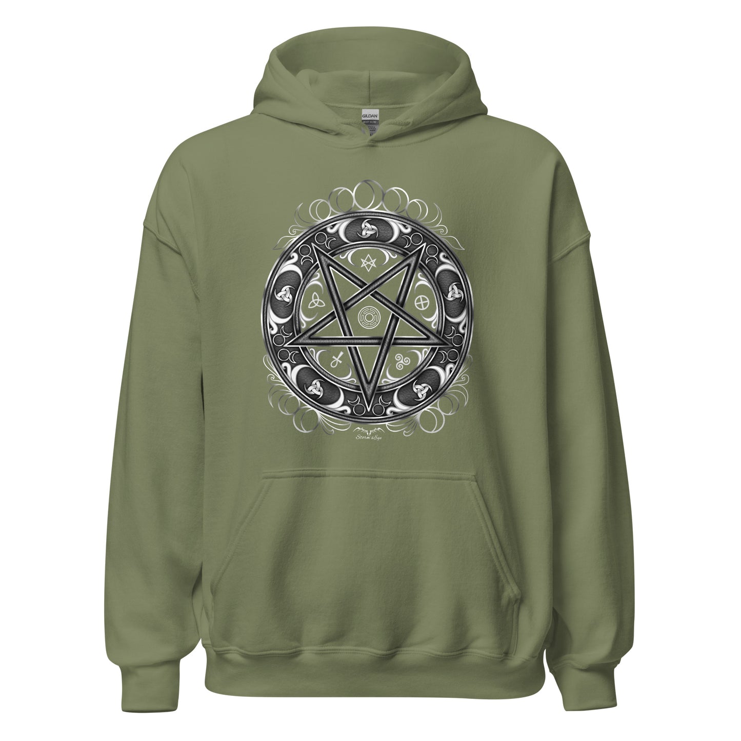 stormseye design witchy occult wheel hoodie flat view army green