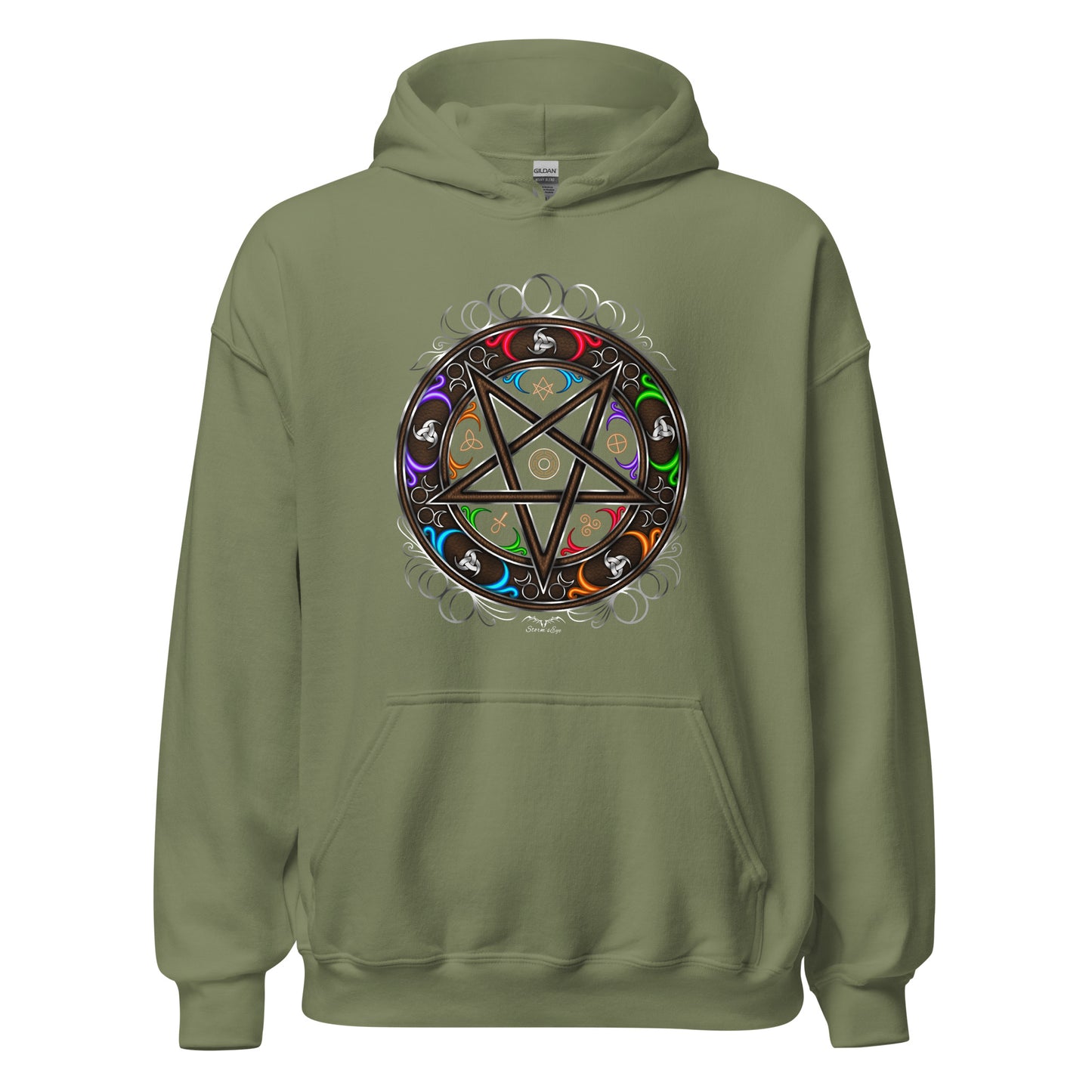 stormseye design witchy occult wheel colour hoodie flat view army green