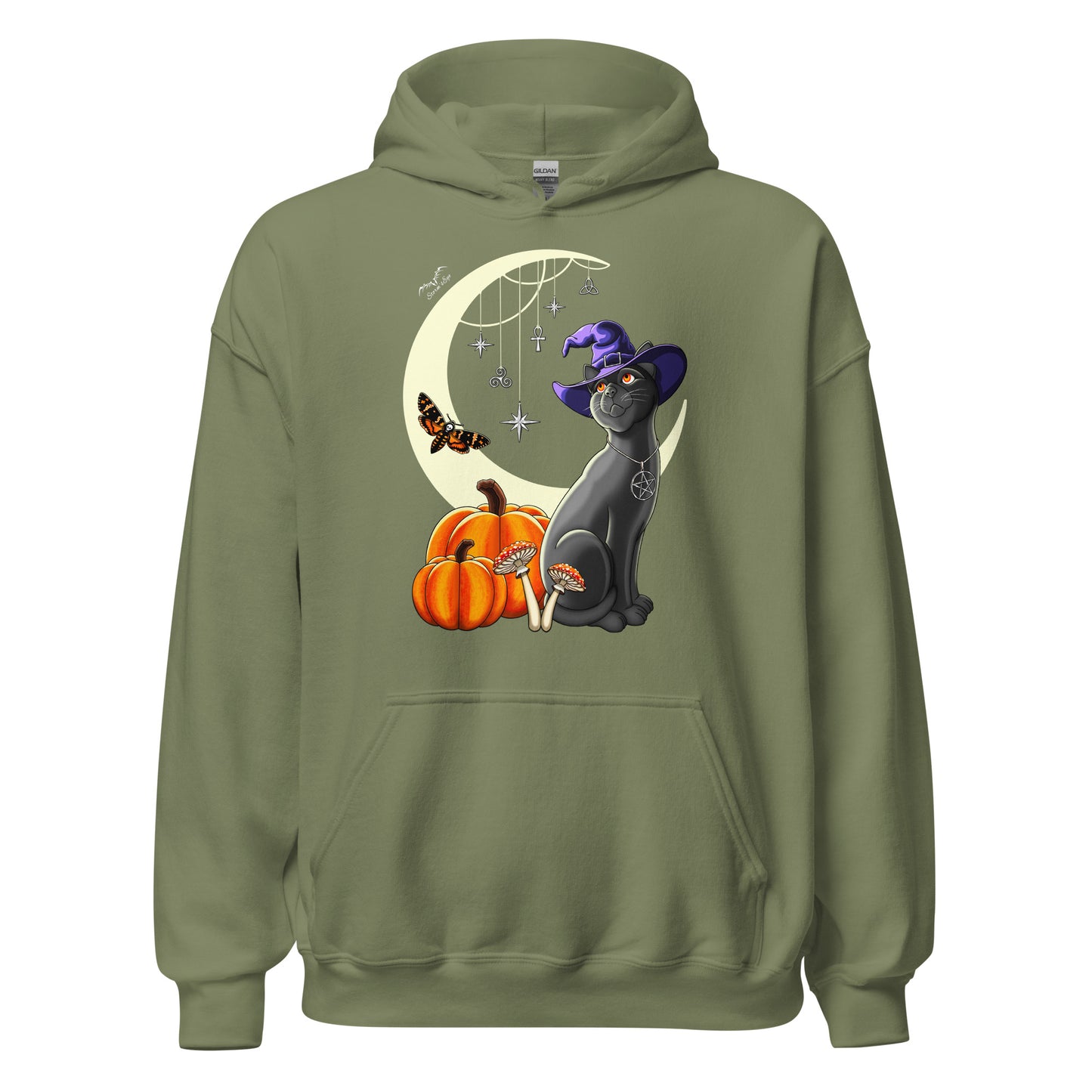stormseye design witch’s cat halloween hoodie flat view army green
