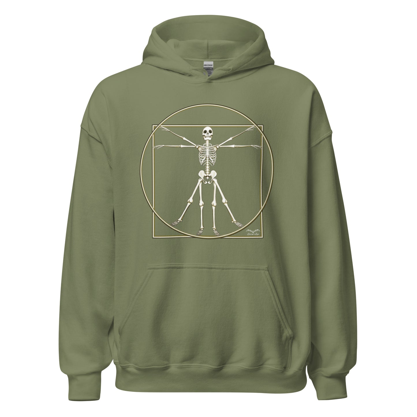 stormseye design vitruvian skeleton fine art hoodie flat view army green