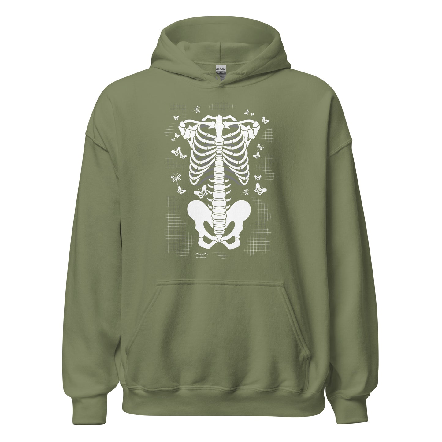 stormseye design skeleton torso halloween hoodie flat view army green
