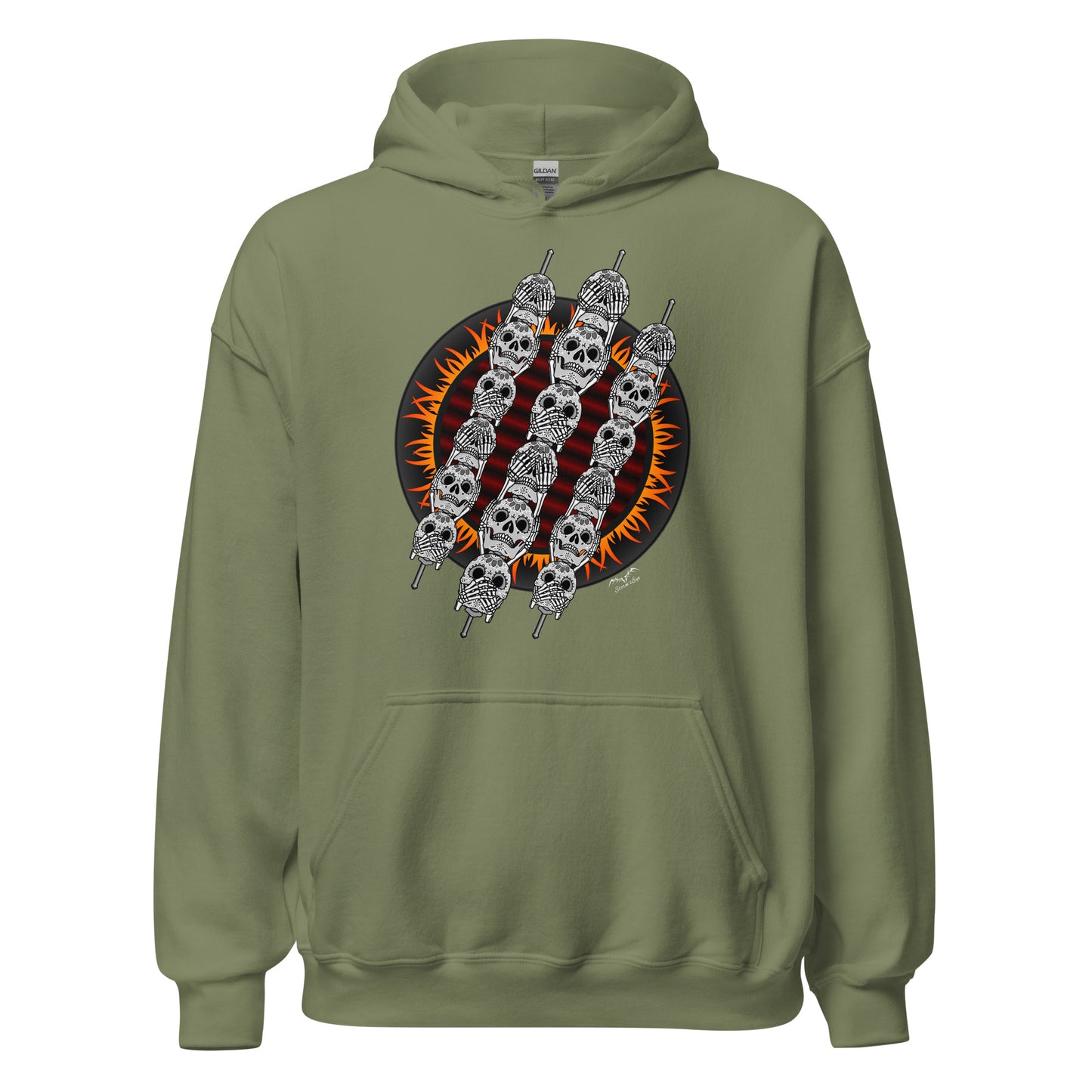stormseye design skewer skulls BBQ hoodie flat view army green