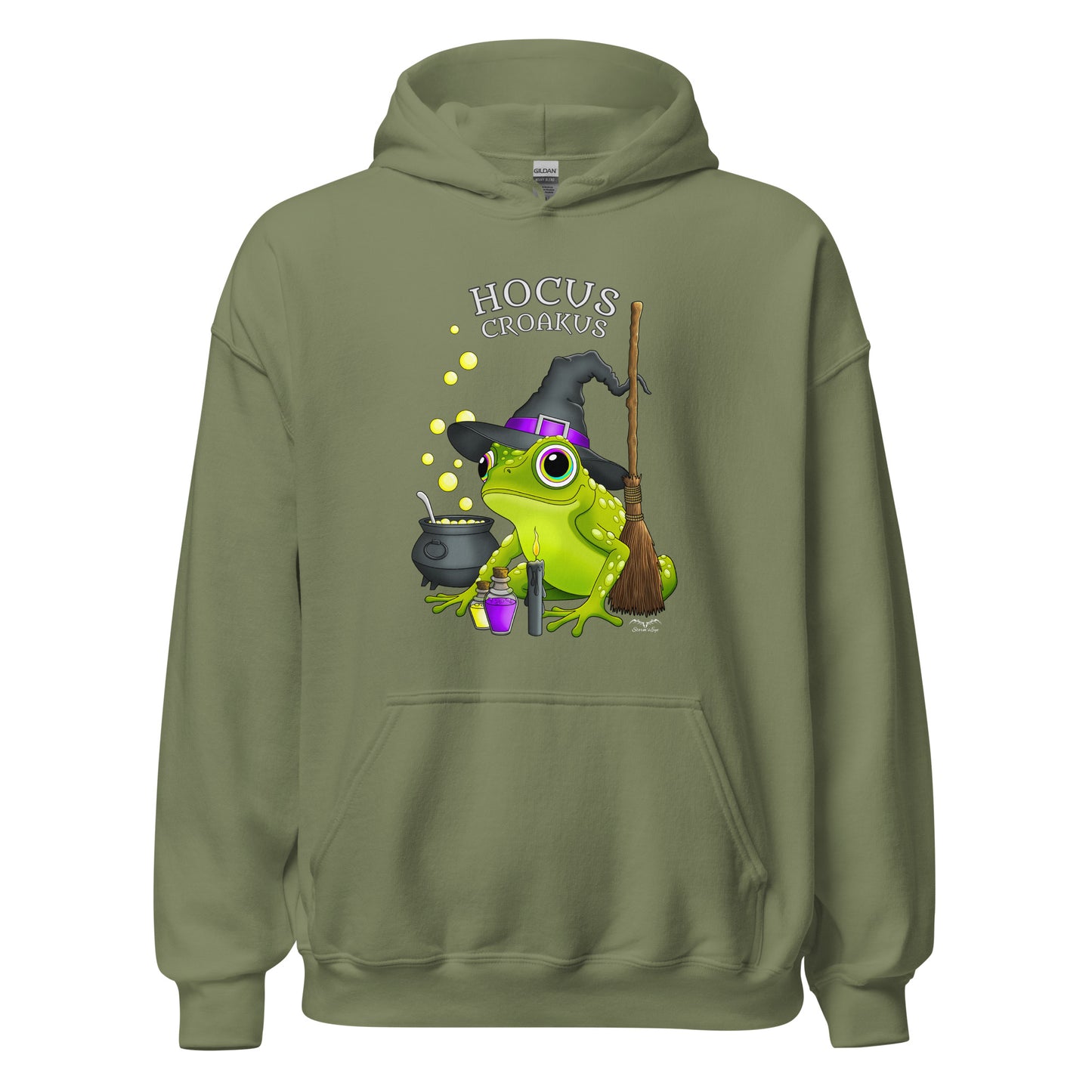 stormseye design witch frog hocus croakus hoodie flat view army green