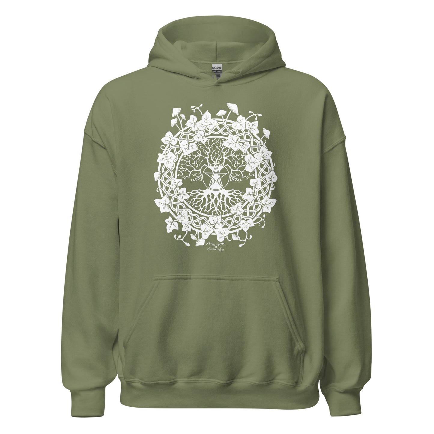 stormseye design pagan tree of life hoodie flat view army green