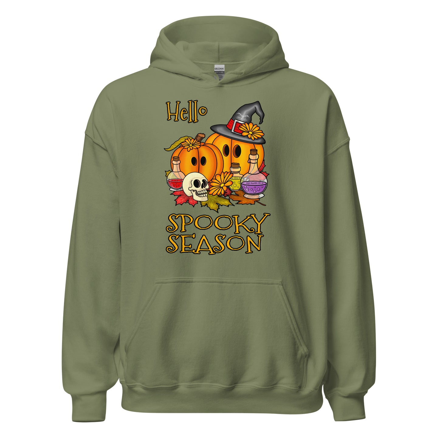 stormseye design hello spooky season hoodie flat view army green