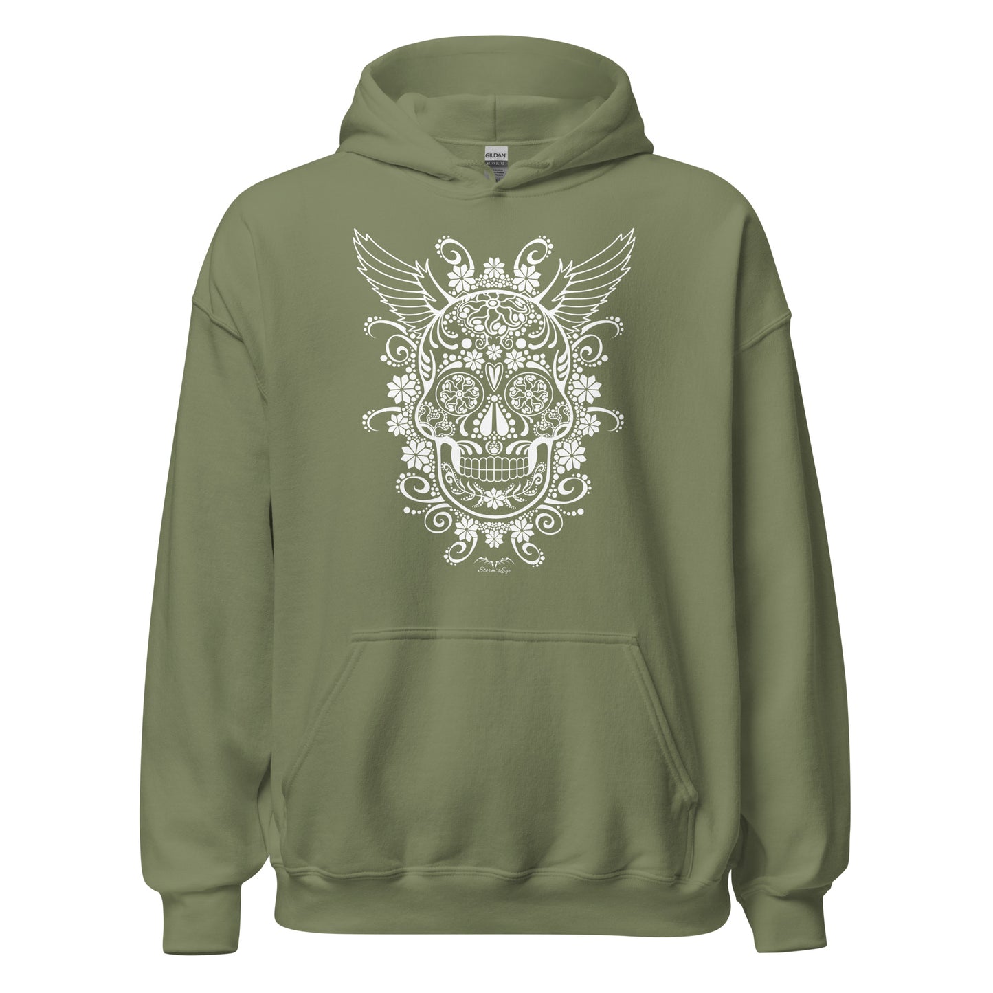 stormseye design gothic sugar skull hoodie flat view army green
