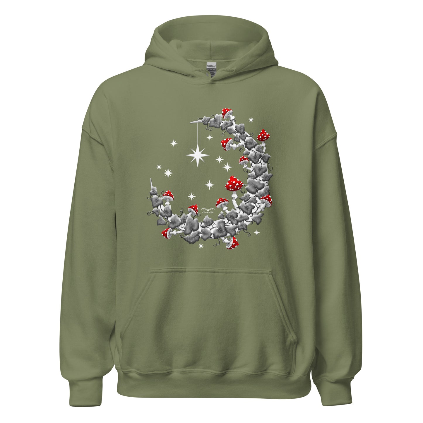 stormseye design mushroom moon hoodie flat view army green