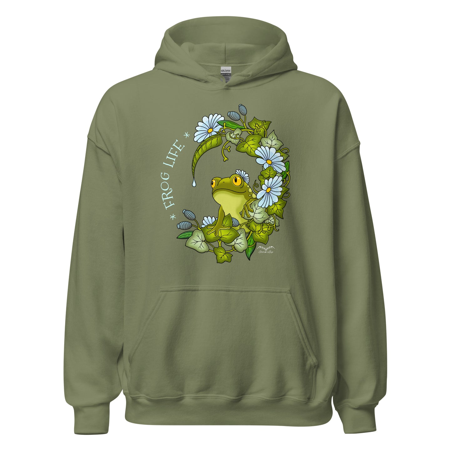 stormseye design frog life hoodie flat view army green
