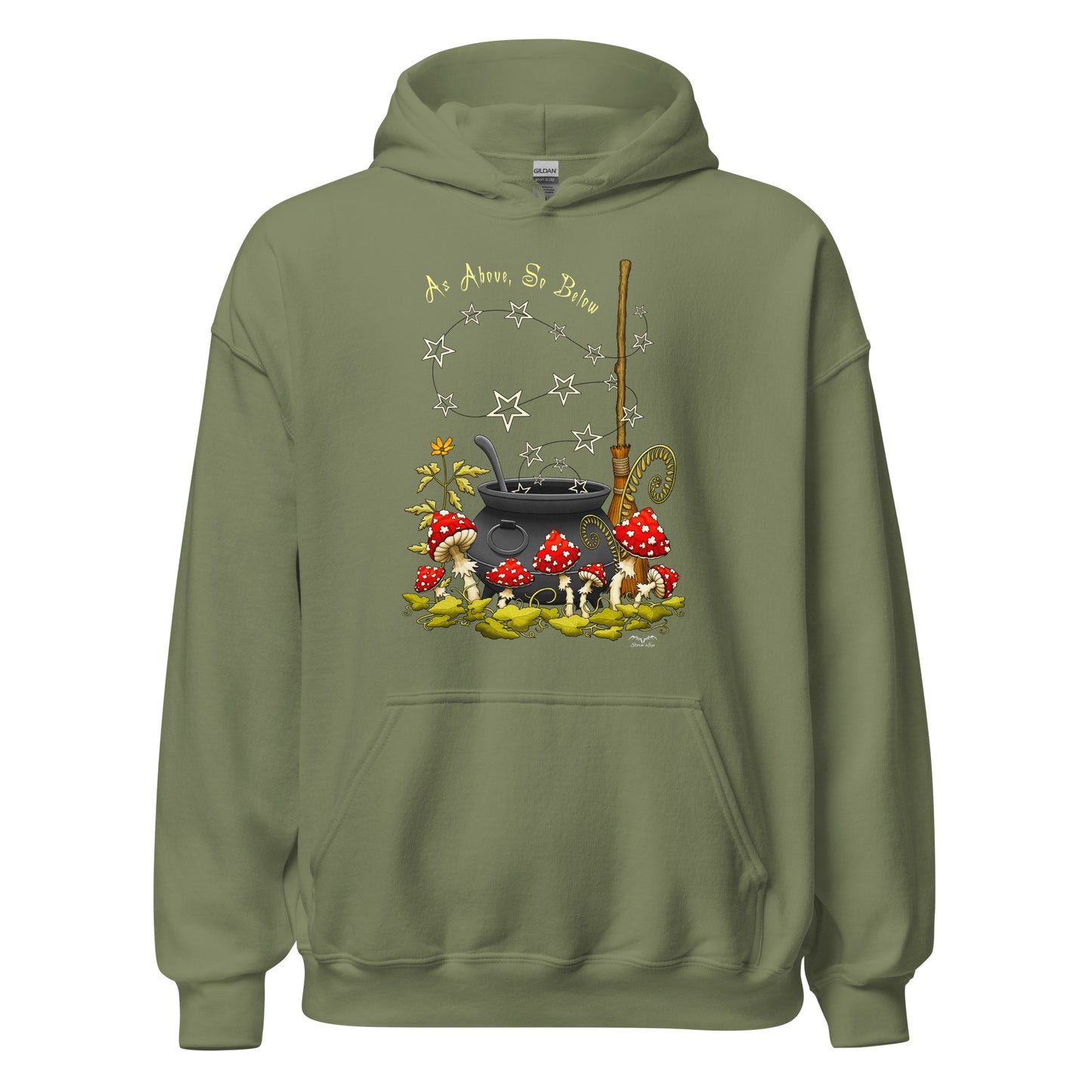 stormseye design witchy mushrooms hoodie, flat view, army green