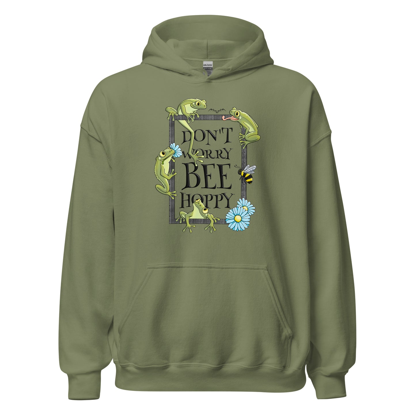 stormseye design bee happy frog hoodie flat view army green