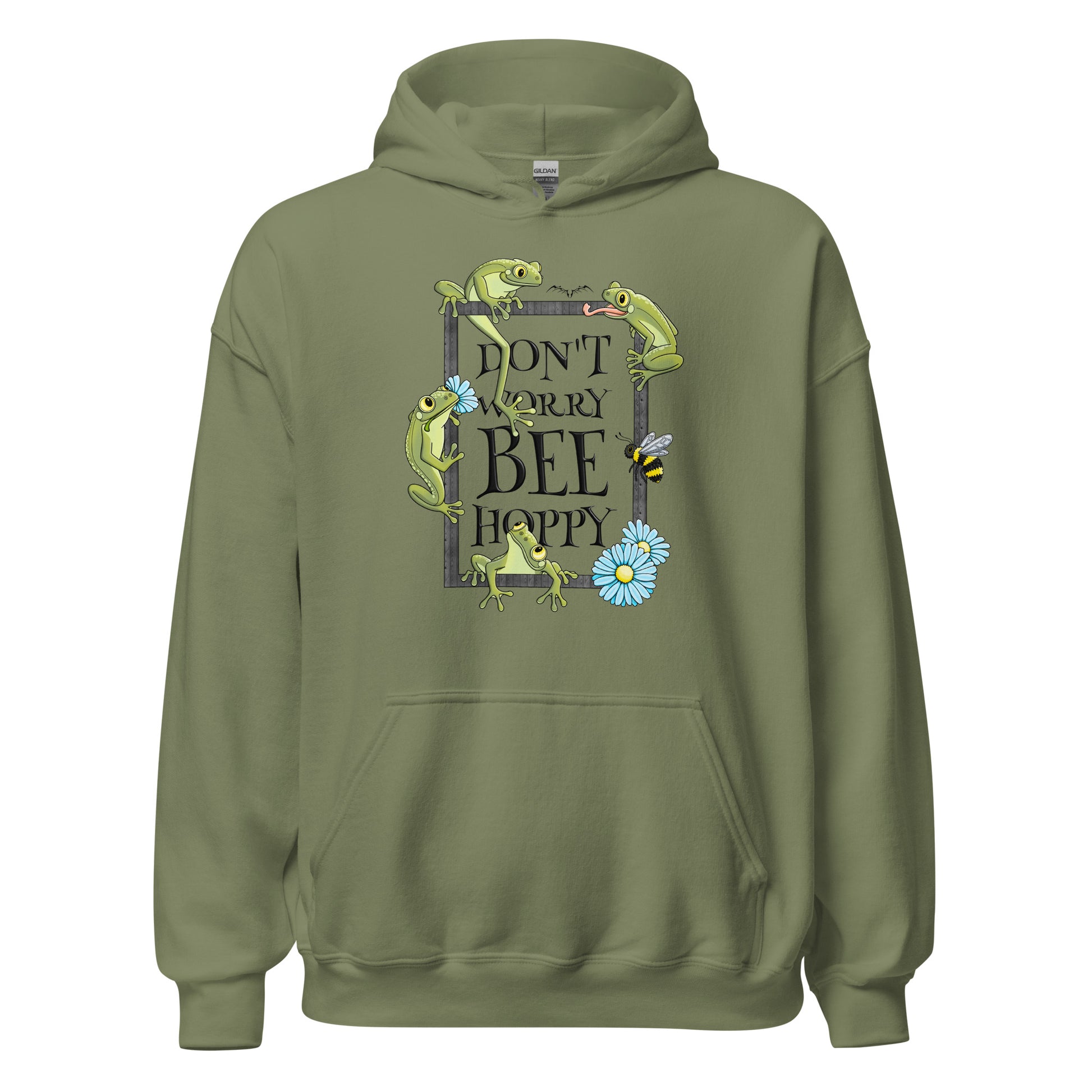 stormseye design bee happy frog hoodie flat view army green