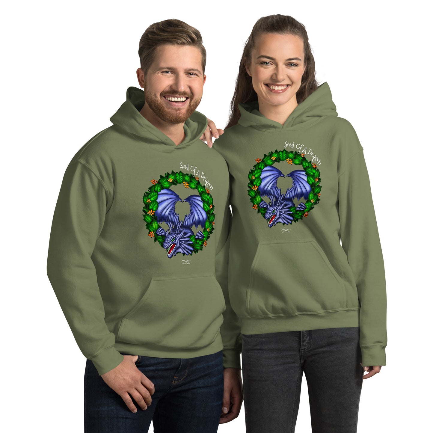 stormseye design soul of a dragon hoodie modelled view army green