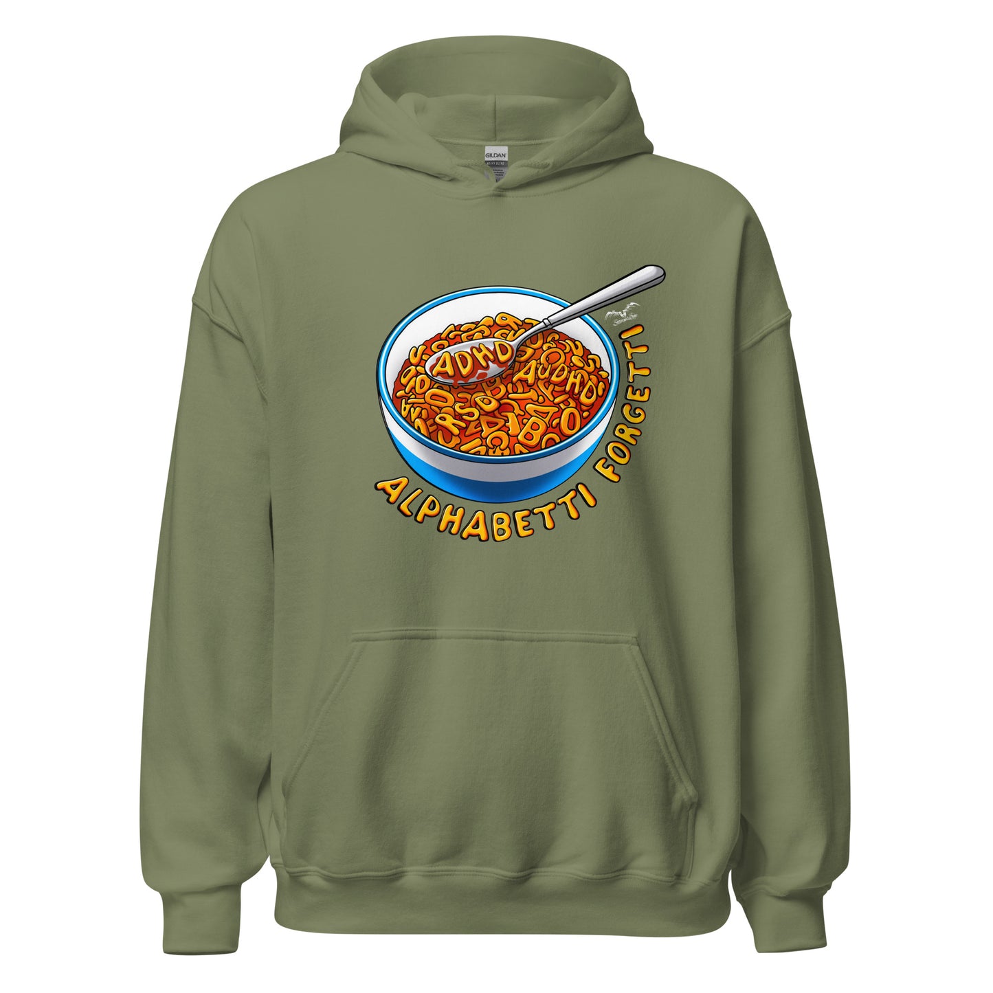 adhd spaghetti hoodie by stormseye design army green