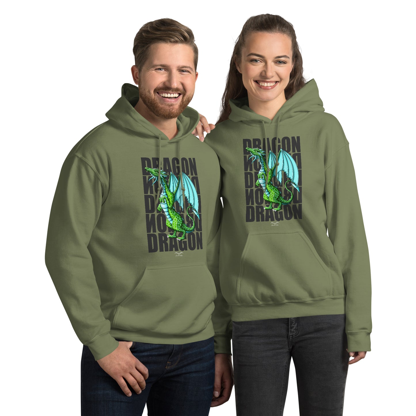 green dragon hoodie by stormseye design, army green, modelled view