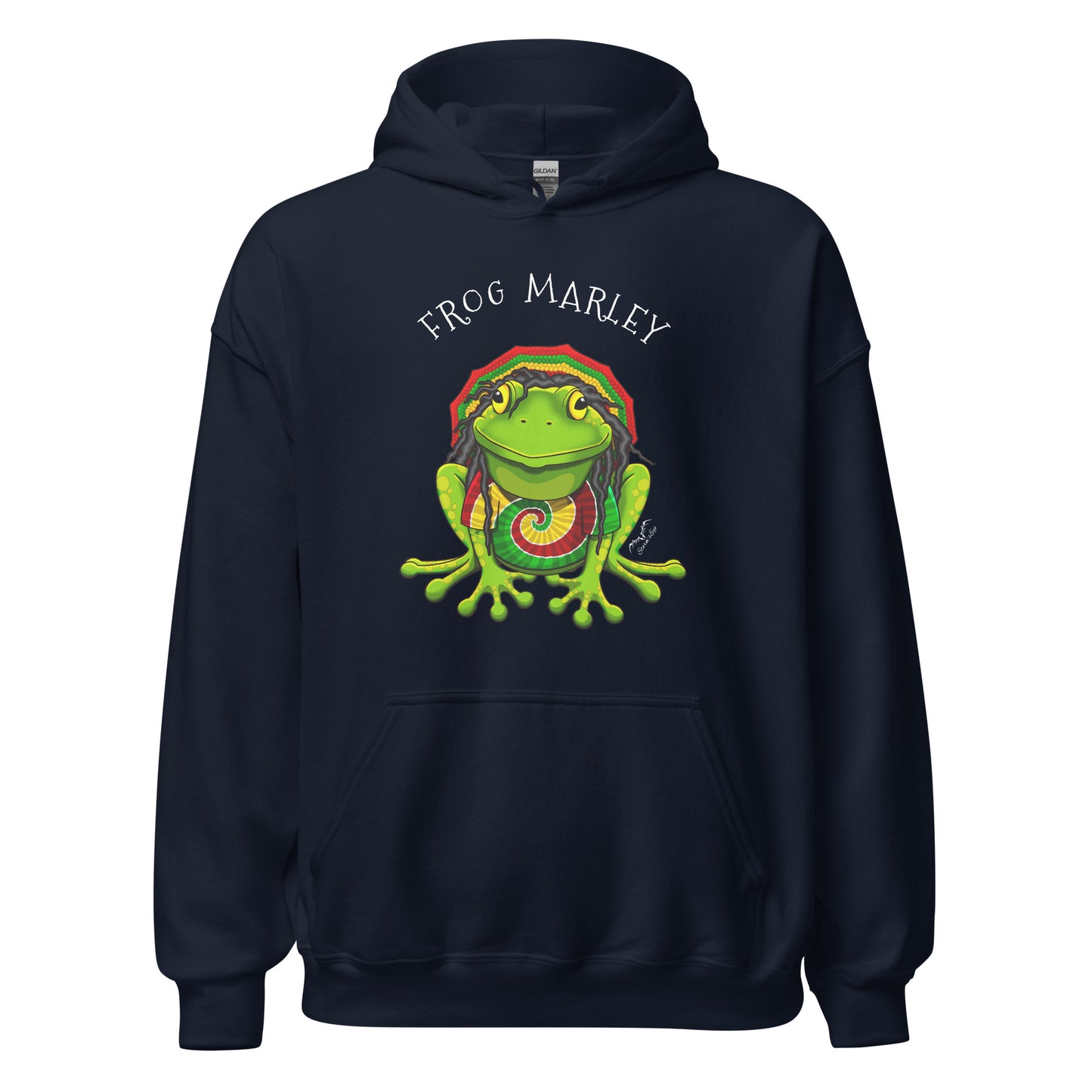 stormseye design frog marley reggae hoodie flat view navy blue