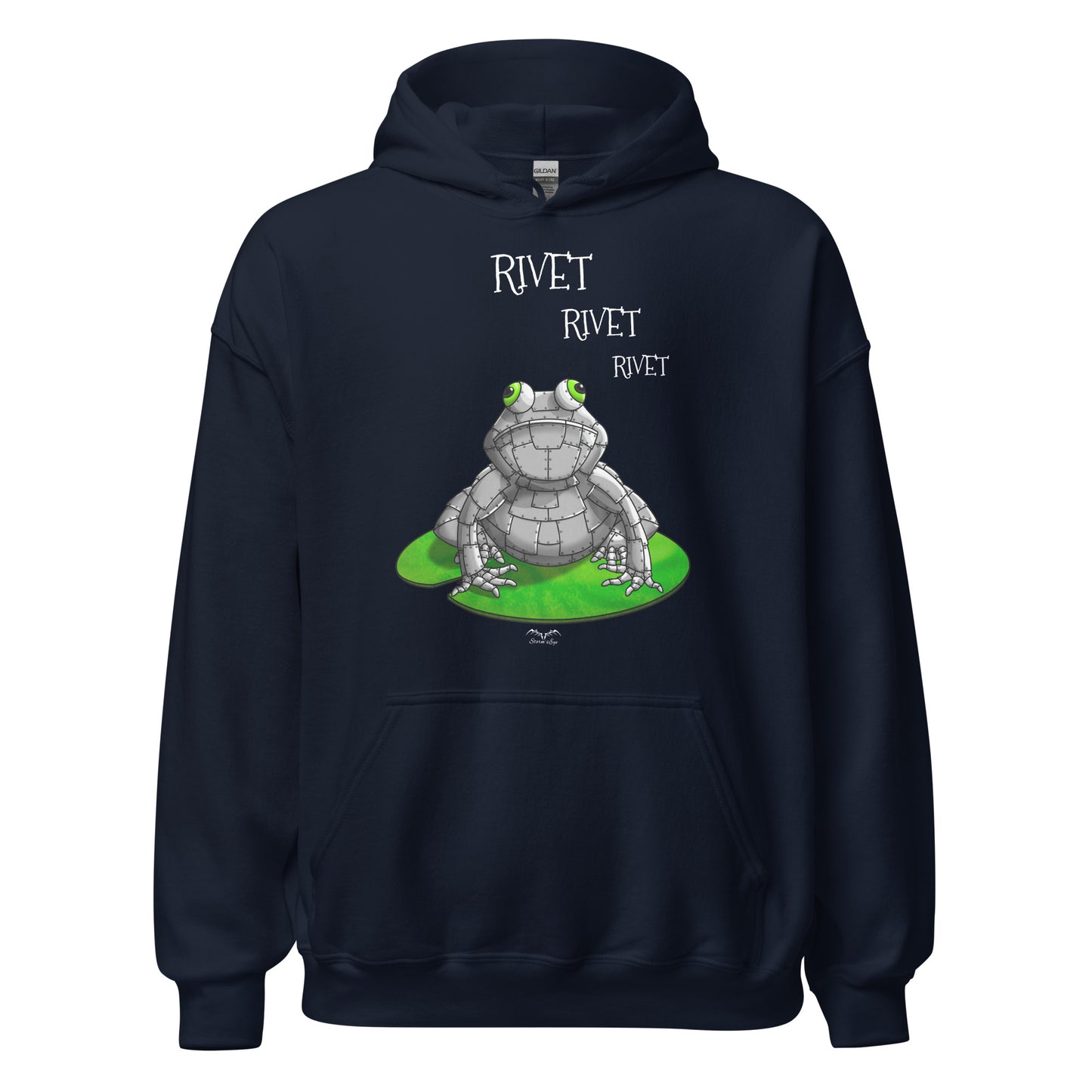 stormseye design funny metal frog hoodie flat view navy blue