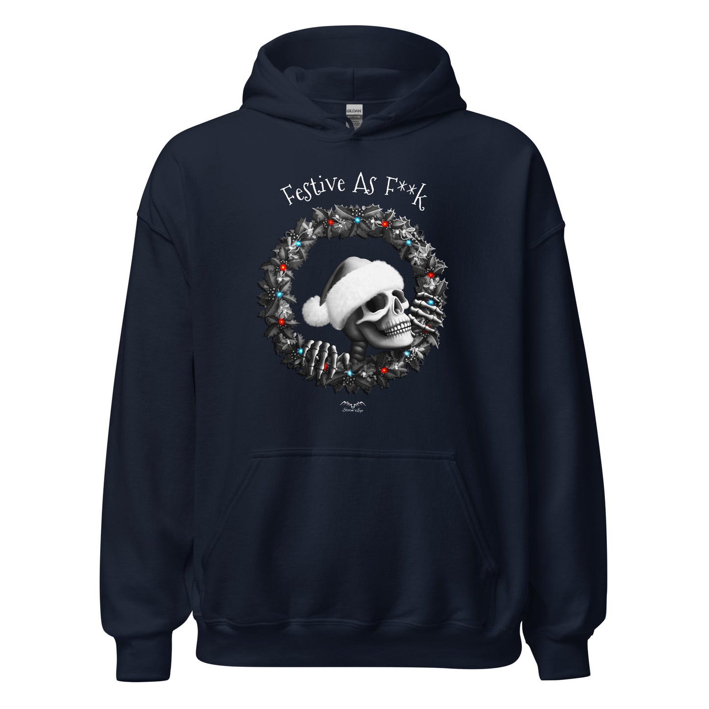 stormseye design festive AF christmas hoodie flat view navy blue