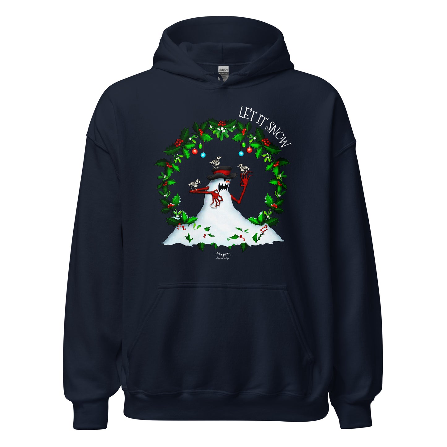 stormseye design evil snowman christmas hoodie flat view navy blue