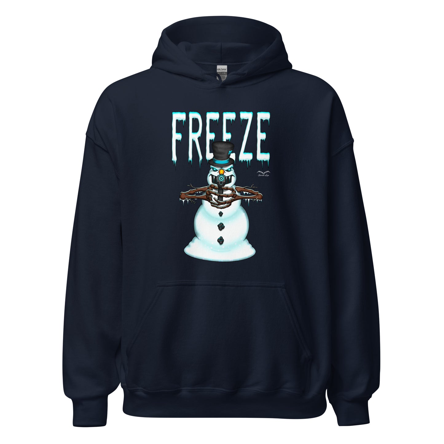 stormseye design mr freeze christmas hoodie flat view navy blue