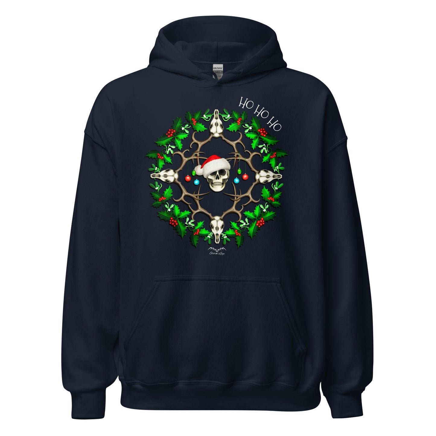 stormseye design festive skulls christmas hoodie flat view navy blue