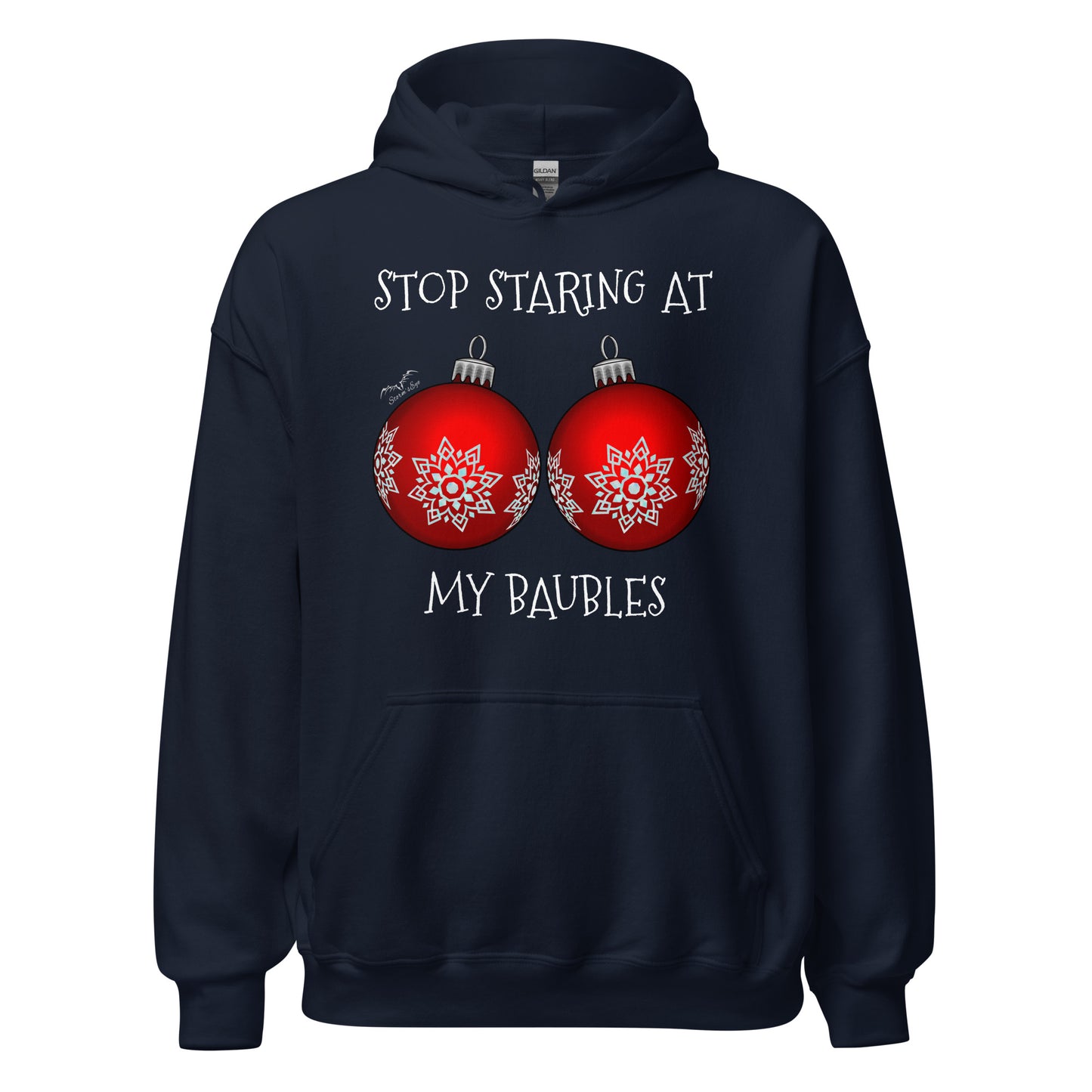 stormseye design stop staring funny christmas hoodie flat view navy blue