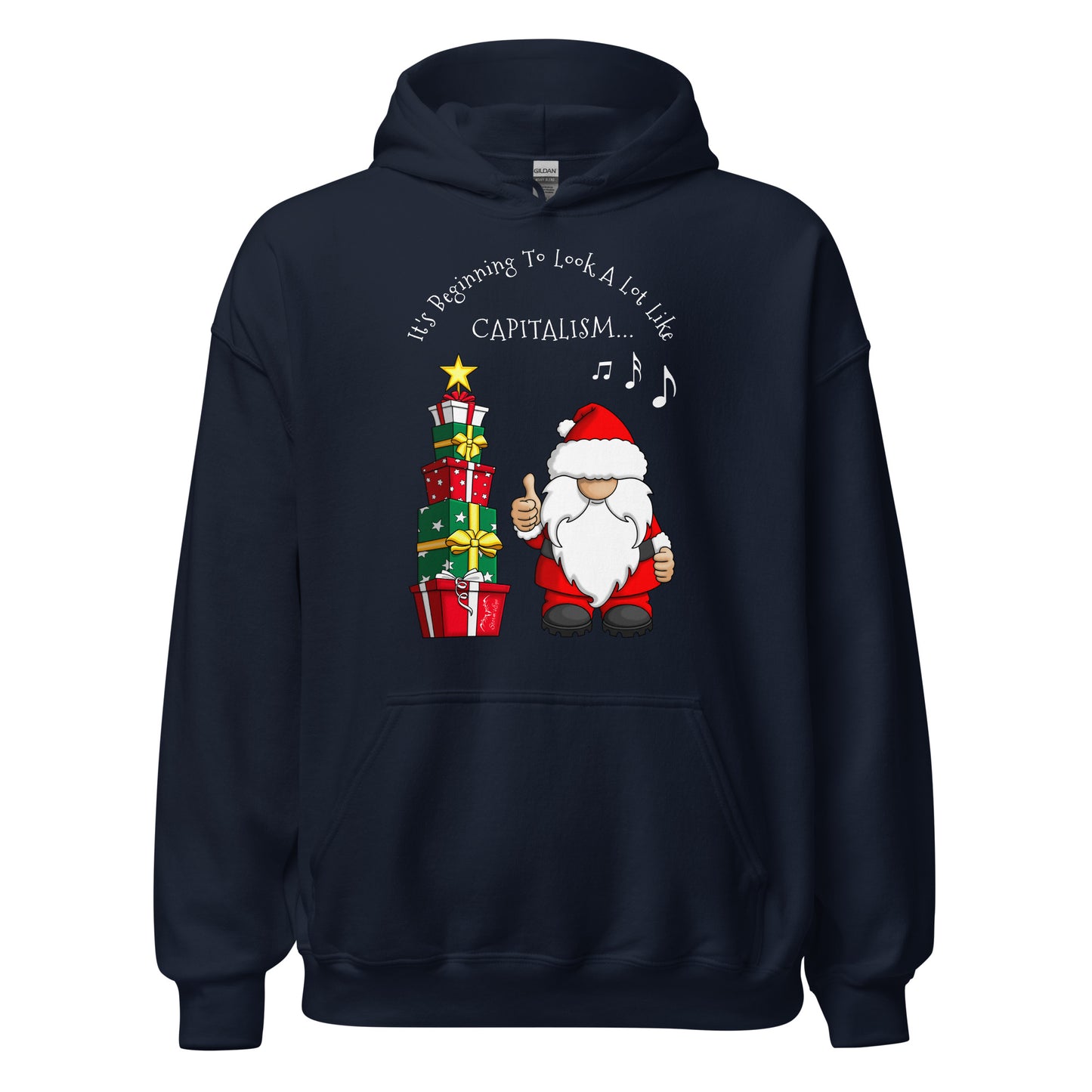 stormseye design festive capitalism christmas hoodie flat view navy blue