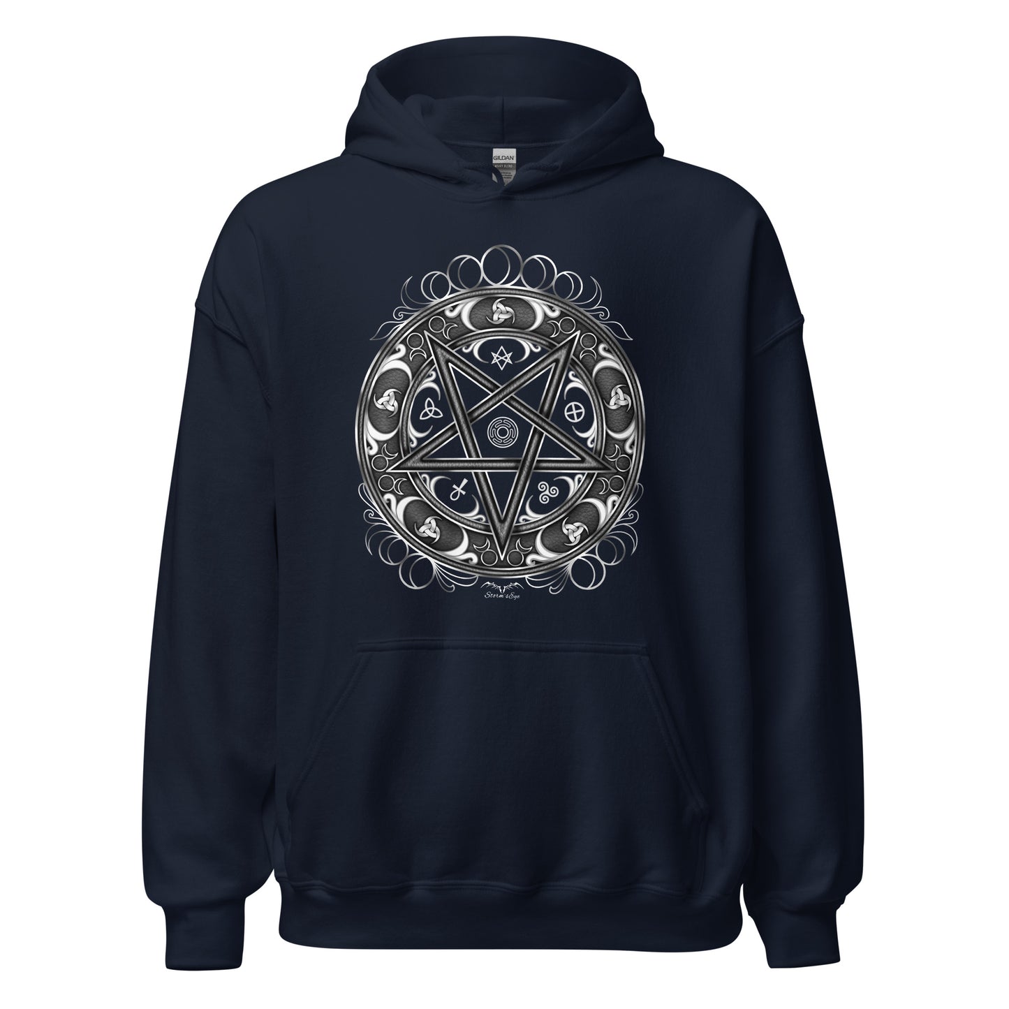 stormseye design witchy occult wheel hoodie flat view navy blue