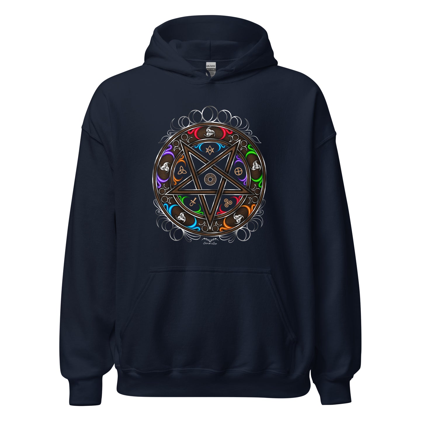 stormseye design witchy occult wheel colour hoodie flat view navy blue